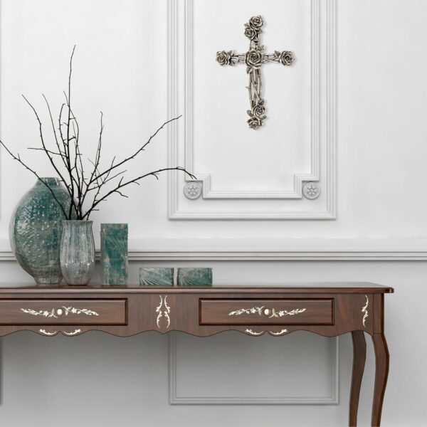 Rustic Vintage Silver Tone Rose and Thorn Wall Cross Decor