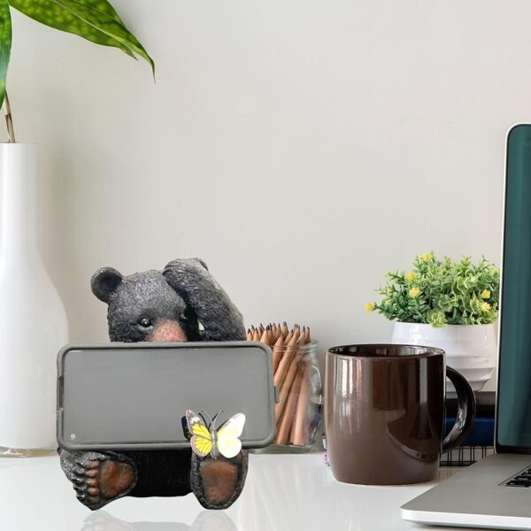 Whimsical Black Bear Figurine with Butterfly, Cabin Decor Phone Stand