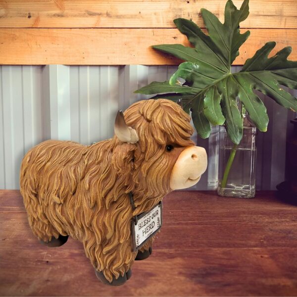 Charming Highland Cow Figurine with Bless Our Herd Sign Decor