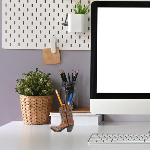 Small Cowboy Boot Vase Figurine with Blue Scroll Western Design