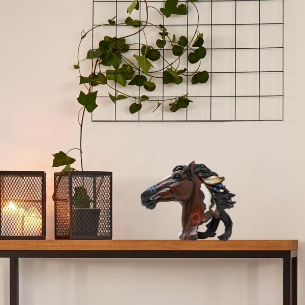 Western Horse Head Bust Figurine with Feather Accents Rustic Decor