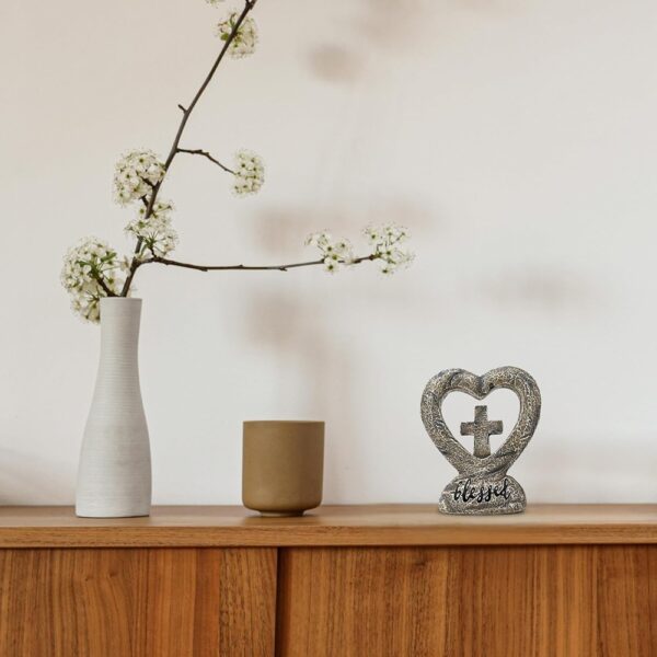 4 Rustic Resin Heart Cross Figurine Inspirational Religious Faith Home Decor