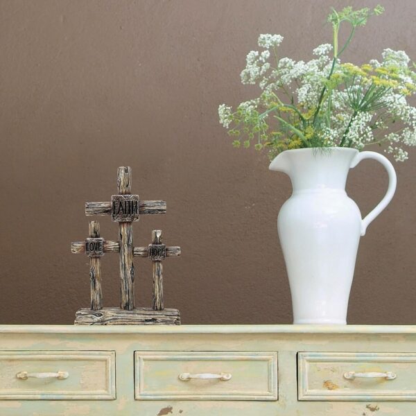 Triple Standing Cross Resin Faux Wood Faith Love Hope Inspirational Decor