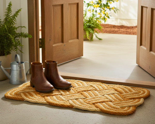 4e4a4bea-6217-4bed-a796-b9142e2d6f9b Handwoven 24x17 tan and yellow nautical rope doormat for entry ways.