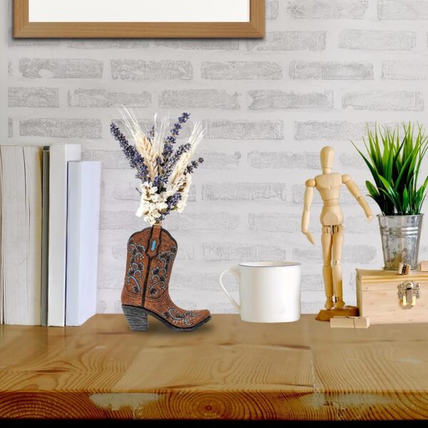 Small Cowboy Boot Vase Figurine with Blue Scroll Western Design