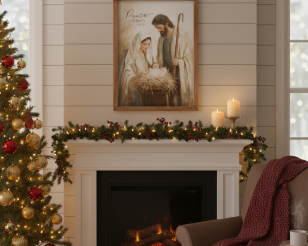 6a661a37-fe51-4821-ad2b-a5508cd56c13 "Peace on Earth" Holy Family Nativity Scene Framed Linen Wall Art