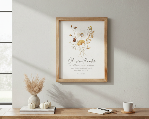 Rustic Botanical "Oh Give Thanks" Psalm 136:1 Framed Canvas Wall Art