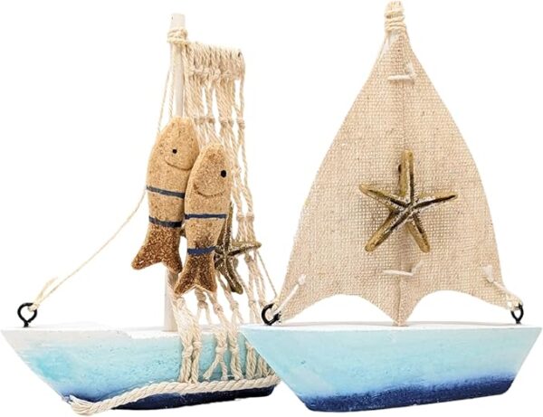 Set of two nautical wooden sailboats with beach-themed ocean accents.