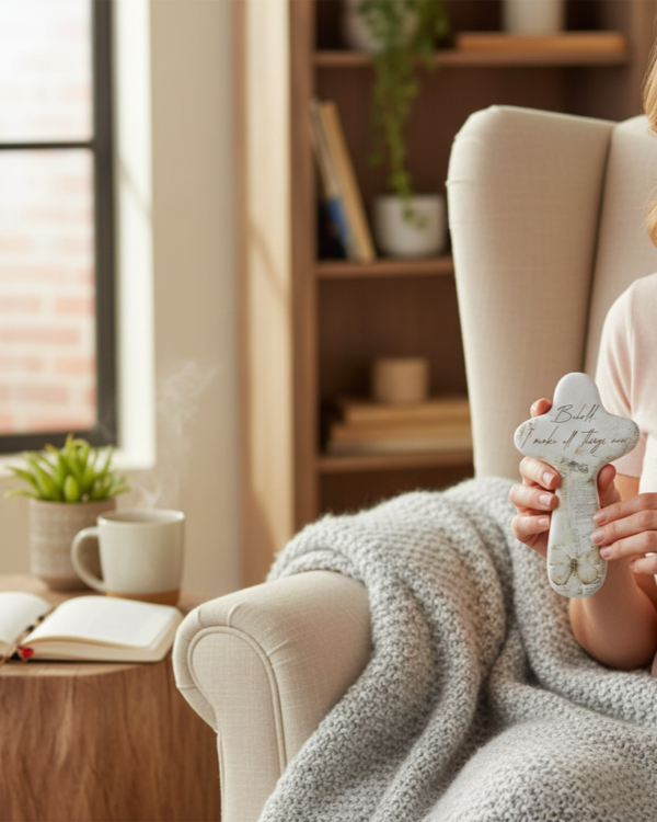 "Behold, I Make All Things New" Handheld Resin Comfort Holding Cross