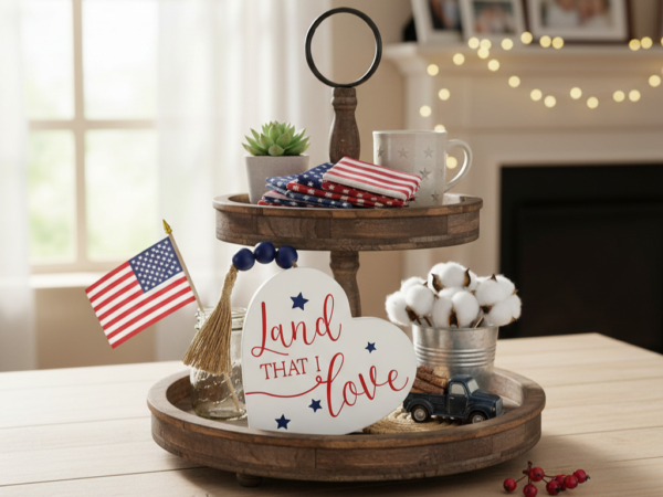 Decorative white heart plaque with a tassel and patriotic message.