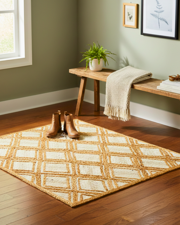 Handcrafted 24x36 inch natural jute rug featuring a classic braided diamond pattern.