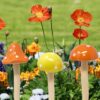 Six colorful porcelain mushroom stakes for fairy gardens and potted plants.