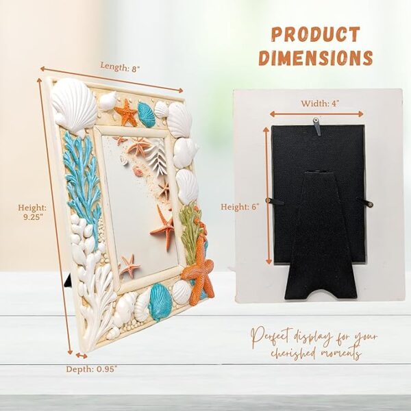 Coastal 4x6 resin frame with starfish and seashells for decor.