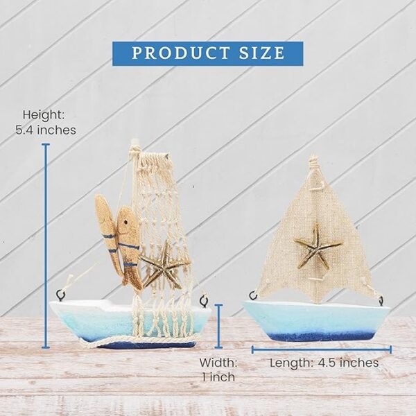Set of two nautical wooden sailboats with beach-themed ocean accents.