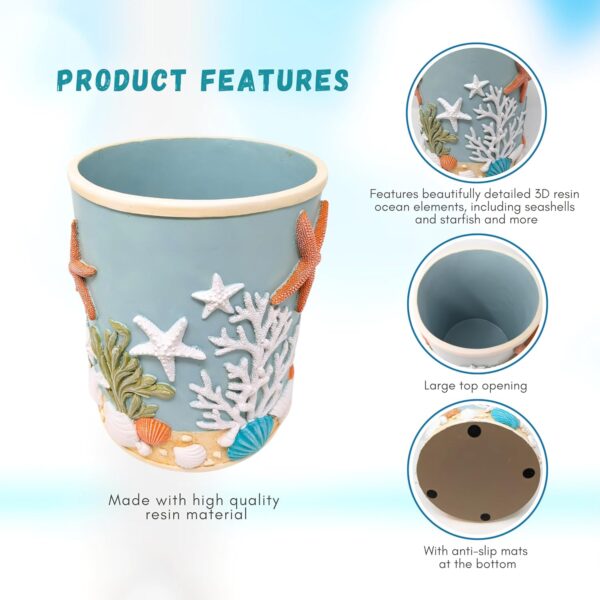 81GPWtXjEQL._SL1500_ 3D resin ocean wastebasket with seashells and starfish beach decor.