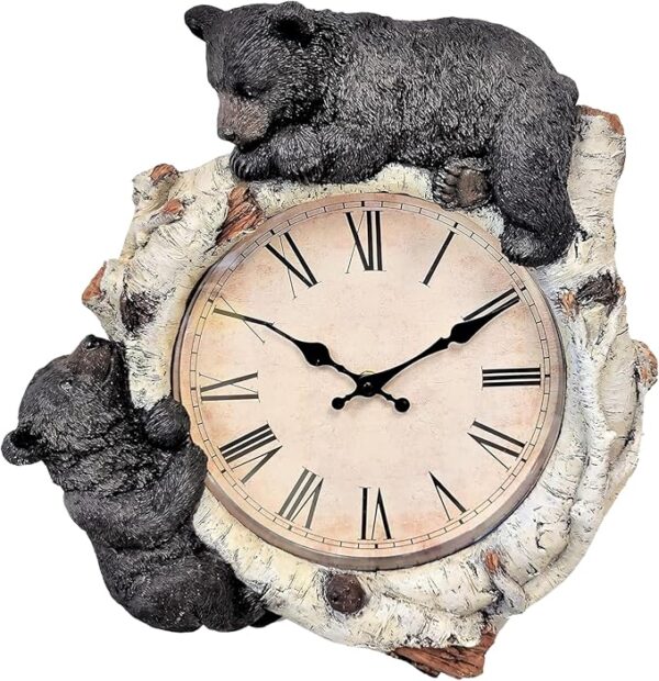 81JPX9fgS2L._AC_SX679_ Rustic black bear cubs climbing a birch log wall clock.