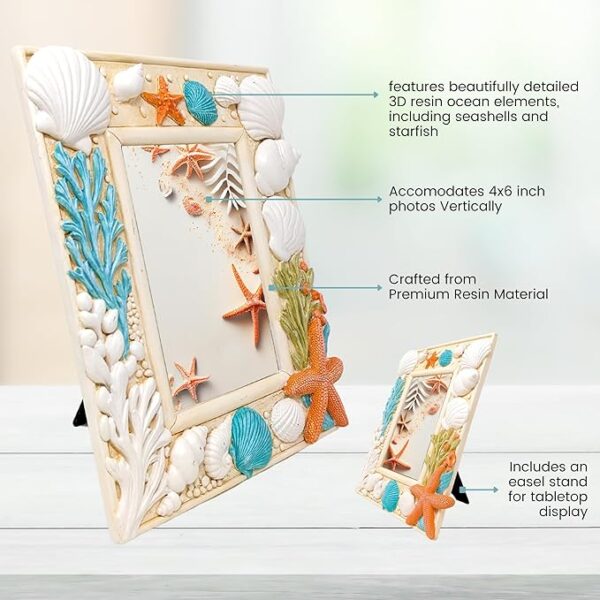 Coastal 4x6 resin frame with starfish and seashells for decor.