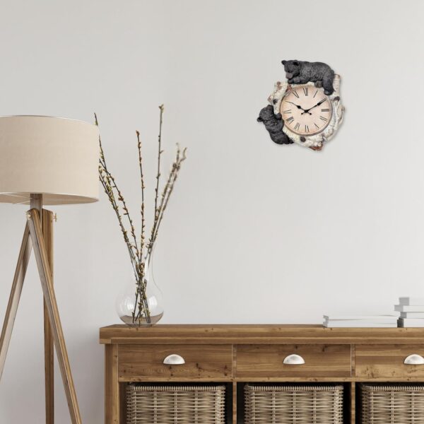 81zCKEHP5lL._AC_SL1500_ Rustic black bear cubs climbing a birch log wall clock.