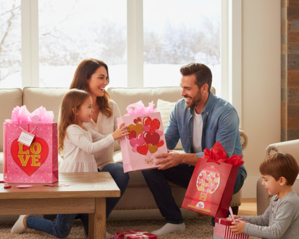 Four unique extra-large Valentine gift bag designs featuring various happy heart patterns.