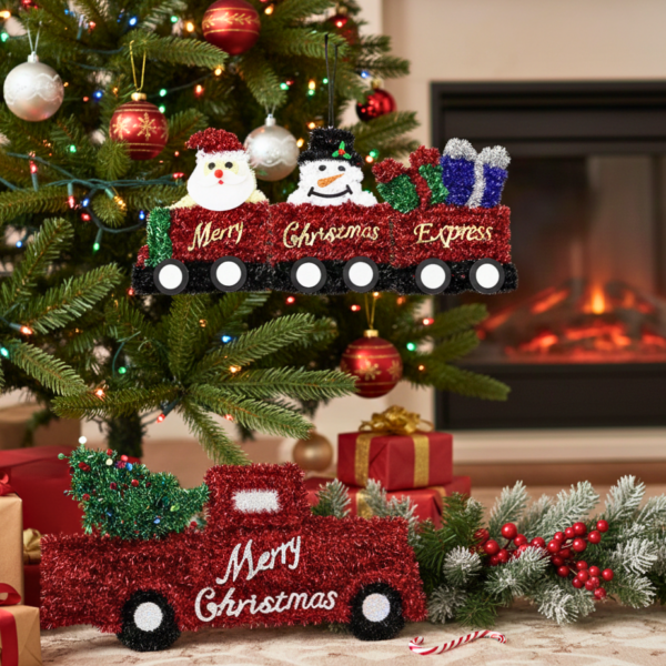 Set of Two Twenty-Five Inch Red Tinsel Christmas Truck and Train Decorations
