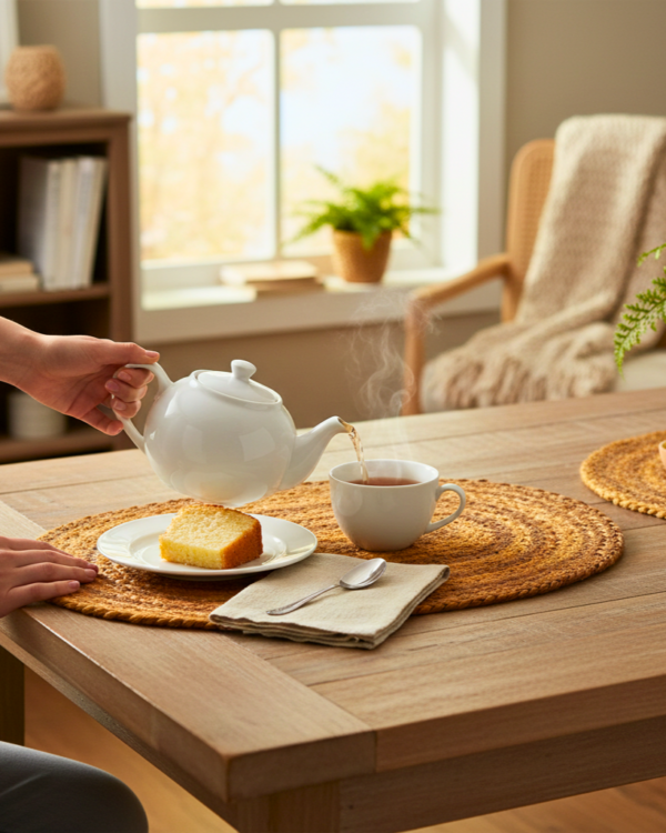 A 20-inch wide oval mustard jute placemat featuring rustic braided textures.