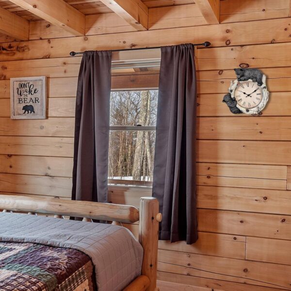 919g03-G16L._AC_SL1500_ Rustic black bear cubs climbing a birch log wall clock.