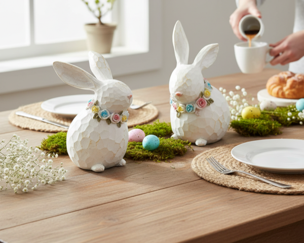 Set of Three White Resin Spring Bunnies with Colorful Floral Neck Wreaths