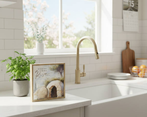 9a0eff3f-6ed2-4ba4-99bb-dfed7603c1e5 He Is Risen Matthew 28:6 Framed Watercolor Empty Tomb Easter Tabletop Plaque