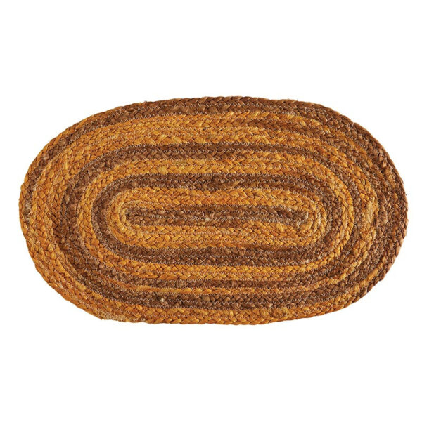 A 20-inch wide oval mustard jute placemat featuring rustic braided textures.
