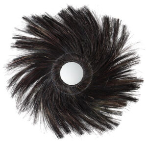 Elegant Thirty Four Inch Circular Wall Mirror Featuring Wispy Black Fiber Detailing