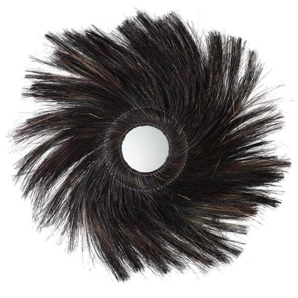 Elegant Thirty Four Inch Circular Wall Mirror Featuring Wispy Black Fiber Detailing