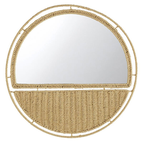 A stylish 20-inch circular wall mirror featuring woven paper rope details.