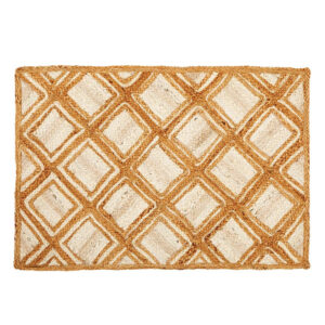 Handcrafted 24x36 inch natural jute rug featuring a classic braided diamond pattern.