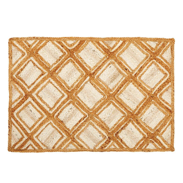 Handcrafted 24x36 inch natural jute rug featuring a classic braided diamond pattern.