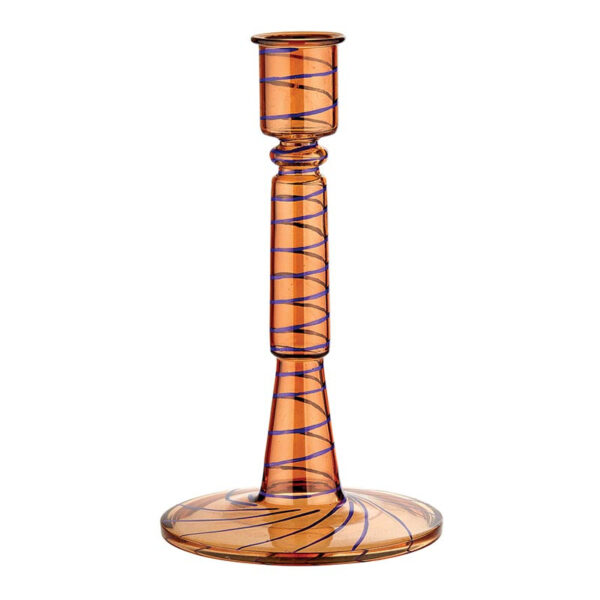 FMR076__20131 7-Inch High Orange Glass Taper Candleholder with Elegant Blue Spiral Accents