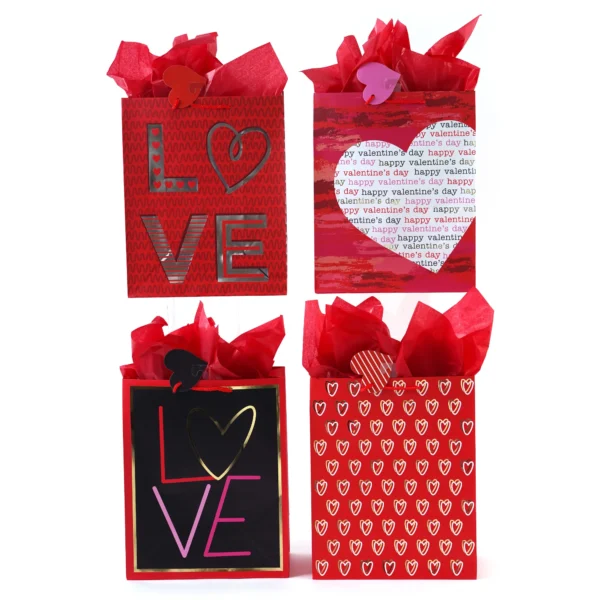 Four premium large Valentine gift bags with assorted hot-stamped "Love You Always" motifs.