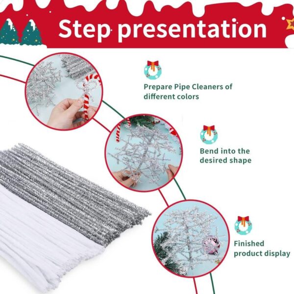 200PCS Fuzzy Chenille Stems for Arts & Crafts – White & Silver