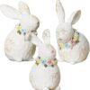 Set of Three White Resin Spring Bunnies with Colorful Floral Neck Wreaths
