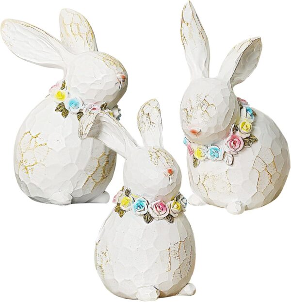 Set of Three White Resin Spring Bunnies with Colorful Floral Neck Wreaths