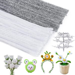 200PCS Fuzzy Chenille Stems for Arts & Crafts – White & Silver