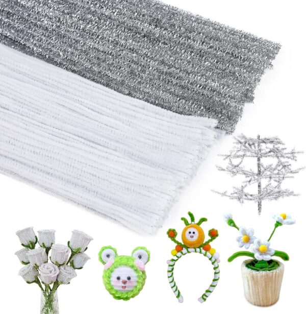 200PCS Fuzzy Chenille Stems for Arts & Crafts – White & Silver
