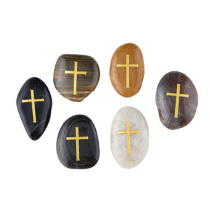 Hand-Polished Natural River Stones with Engraved Gold Christian Cross Emblems