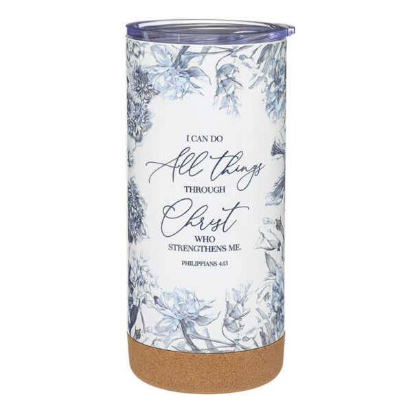 T3141__52852 Philippians 4:13 Blue Floral 16oz Stainless Steel Tumbler with Cork Base