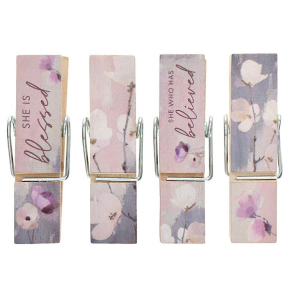 Floral "Blessed Is She" Wooden Decorative Clips - 4 Piece Set