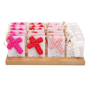 T3172__64114 Woven Paracord Cross Keychains with "We Give" Verse Wooden Display