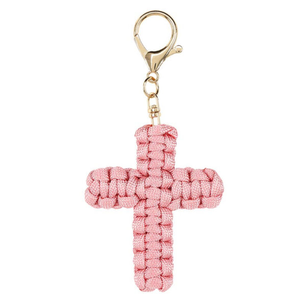 Woven Paracord Cross Keychains with "We Give" Verse Wooden Display