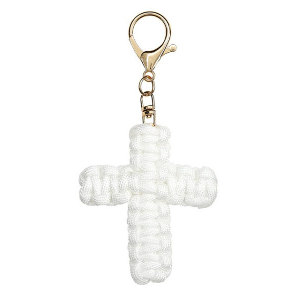 Woven Paracord Cross Keychains with "We Give" Verse Wooden Display