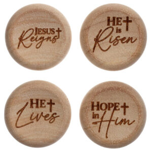 1.25-Inch Engraved Wooden Comfort Stones with Faith Messages and Display Tub