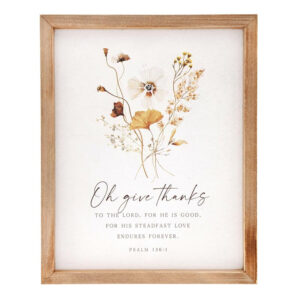 Rustic Botanical "Oh Give Thanks" Psalm 136:1 Framed Canvas Wall Art
