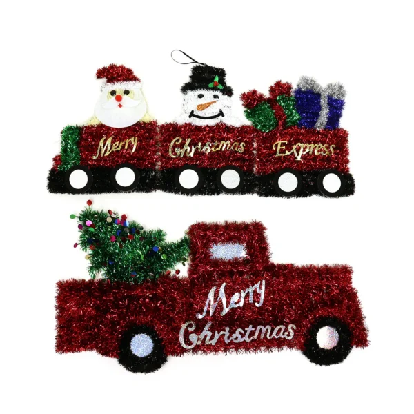 Set of Two Twenty-Five Inch Red Tinsel Christmas Truck and Train Decorations